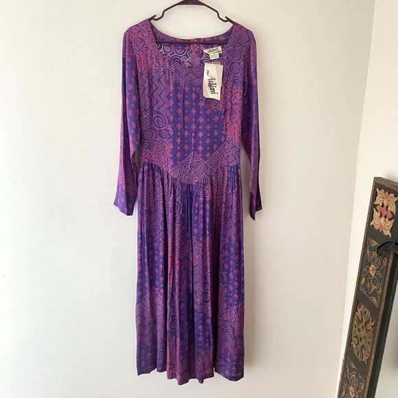 Adini Dresses & Skirts - Vintage Purple Pink Batik Sheer Maxi Dress Boho Festival Hippie Witchy Fairy M